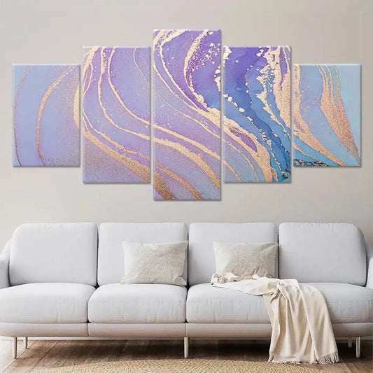 Purple and gold waves — modern canvas wall art, elegant flowing texture adding a luxurious touch to your contemporary living room.