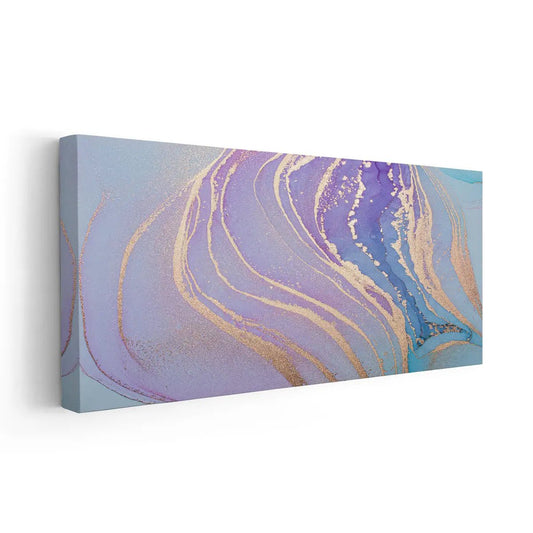 Abstract gold swirls — large canvas wall art, uplifting violet and champagne tones creating sophistication and calm in home decor.