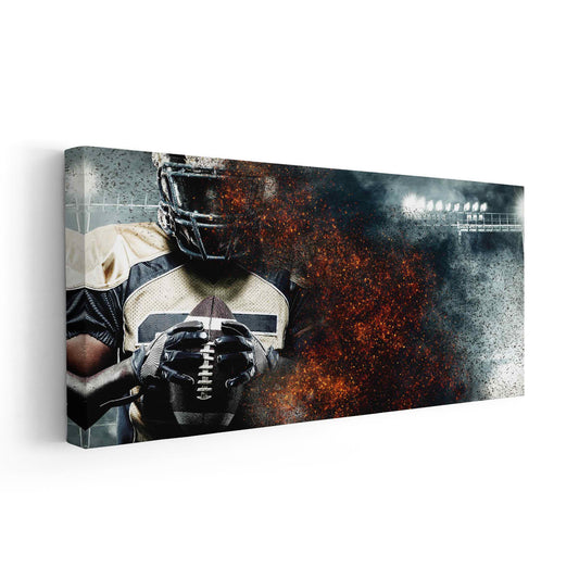 Modern gridiron player in fiery palette — large canvas wall art, bold tones enhancing contemporary game-day bedroom décor