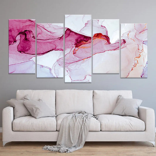 Red ink abstract waves — modern canvas wall art, vibrant crimson and blush tones adding energy and warmth to your living room.