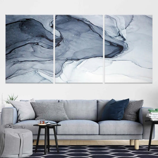 Fluid black ink waves in dark blue tones — modern canvas wall art, calming accent for living room décor.