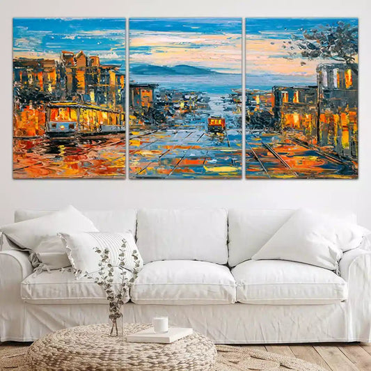 Abstract San Francisco skyline — large canvas wall art for living room decor, vibrant city colors creating uplifting energy