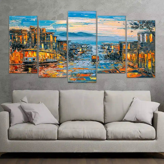 Golden Gate skyline in abstract style — modern canvas wall art with blue and orange tones, perfect for bedroom wall decor