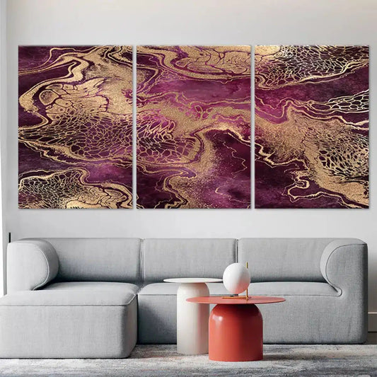 Violet and gold abstract pattern — modern canvas wall art, luxurious color blend creating a calming and elegant living room décor.