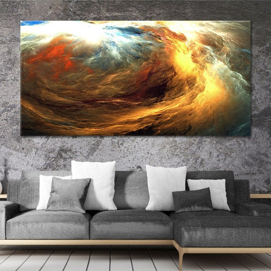 Golden abstract swirl — radiant canvas wall art bursting with yellow and orange hues, perfect for bright and stylish living room décor.