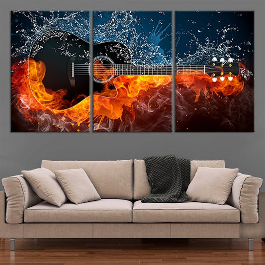 Flaming acoustic guitar canvas wall art for living room brings inspiring fiery energy and bold artistic drama ideal for modern housewarming décor