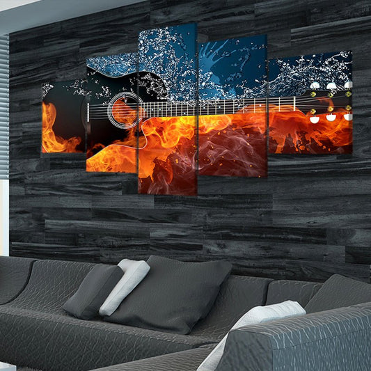 Guitar in fire waves with abstract blue bursts — large canvas wall art for bedroom adds uplifting musical emotion to bold contemporary spaces
