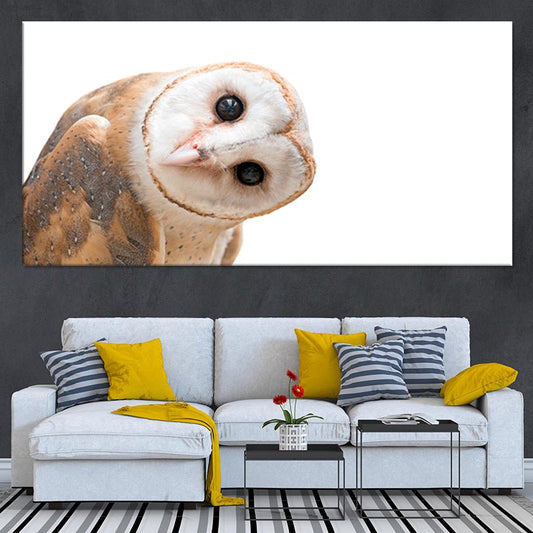 Curious barn owl — modern canvas wall art for living room, blending elegance and nature in a peaceful rustic style.