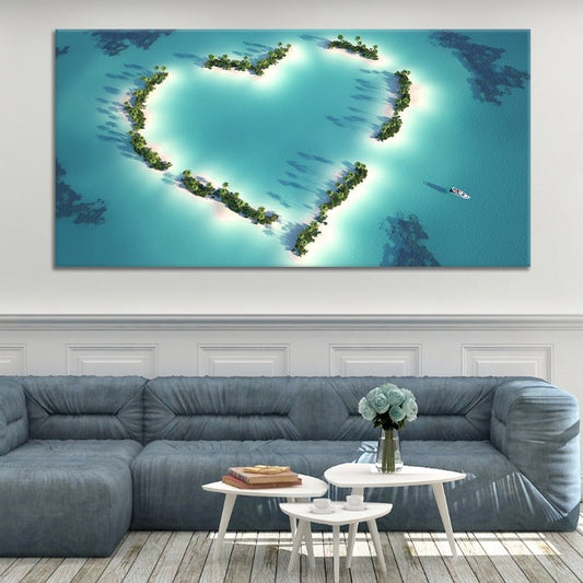 Tropical aerial seascape — large canvas wall art showing serene blue waters and heart island, perfect for calming interiors