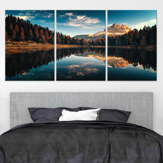 Golden alpine peaks and mirrored lake — contemporary canvas wall art with rich sunset colors for a calming bedroom retreat