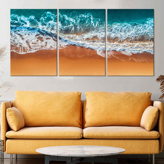 Turquoise ocean waves meeting golden shore — coastal canvas print, modern décor accent bringing calm and serenity to beach-inspired homes.