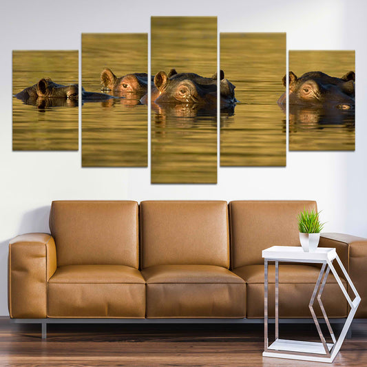 Submerged hippos relaxing in golden water — canvas wall art for a cozy living room, adding peaceful wildlife charm and warm natural décor tones.