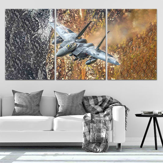 F-15 fighter jet in flight — dynamic canvas wall art for living room, symbolizing speed, strength, and aviation mastery.
