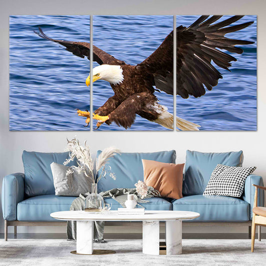 Bald eagle skimming the water — canvas wall art for a powerful living room display, adding bold wildlife energy and inspiring patriotic style.