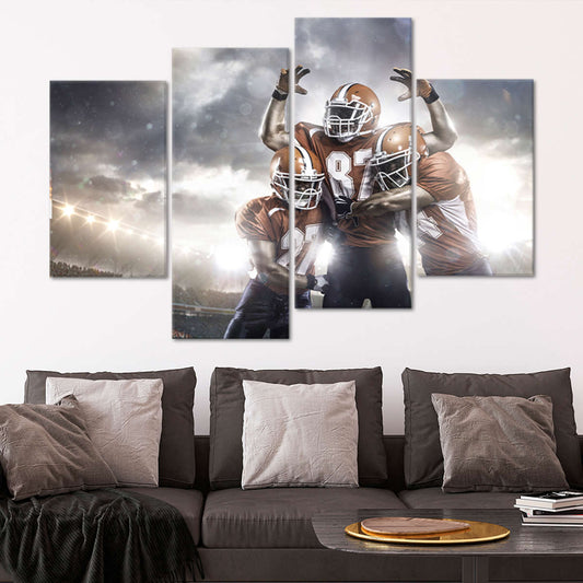 Football team huddle canvas wall art for living room décor, bringing an inspiring game-day atmosphere perfect for passionate sports fans