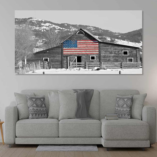 barn wall art: barn artwork, farmhouse barn wall art, barn canvas wall art, Barn with flag print, patriotic wall art