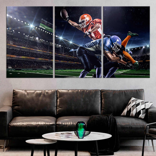 Football tackle duo canvas wall art for living room décor, adding inspiring game energy that makes a bold housewarming gift for football fans