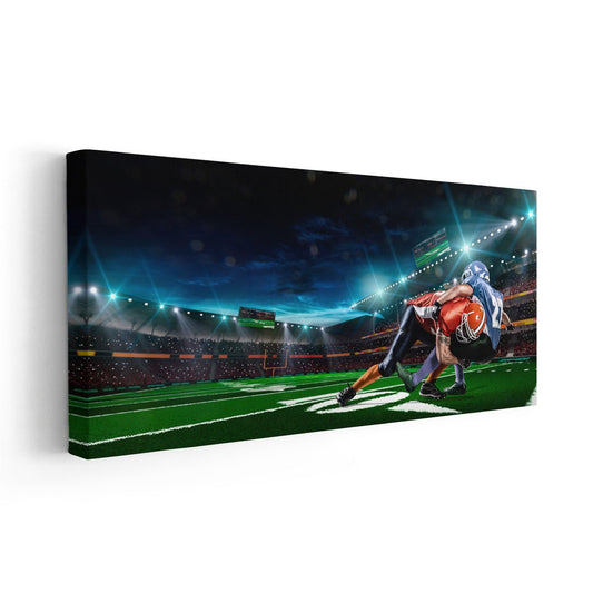 Defensive football clash in vivid modern style — large canvas wall art with glowing stadium tones perfect for upgrading a sporty office space