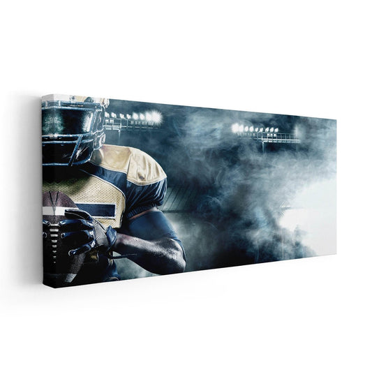 Football player charging in bold modern palette — large canvas wall art ideal for a motivating bedroom space with dramatic blue energy