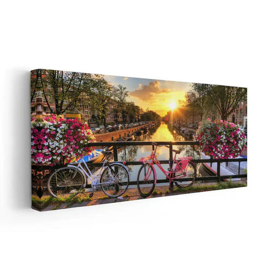Colorful Amsterdam canal — modern canvas wall art with bikes and golden light, perfect for uplifting bedroom or lounge décor.