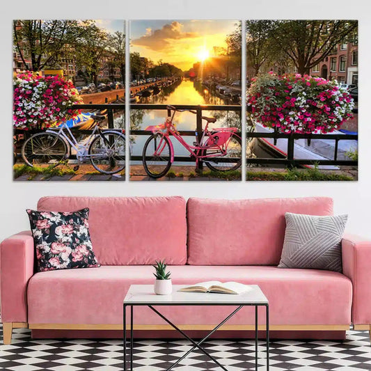 Amsterdam bikes at sunset — large canvas wall art for living room, warm canal reflections evoke travel, romance, and peace.