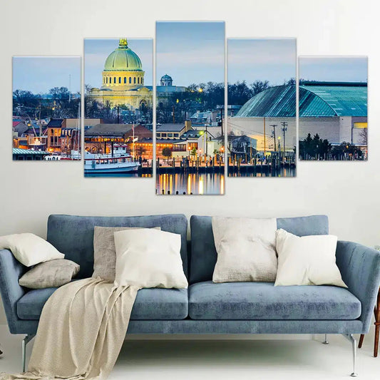 Annapolis skyline waterfront — modern canvas wall art featuring soft blue and gold hues, perfect centerpiece for living room decor.
