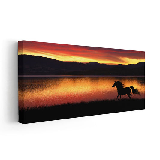 Arabian horse silhouette under golden sky — large canvas wall art, elegant and uplifting décor perfect for bedroom interiors.
