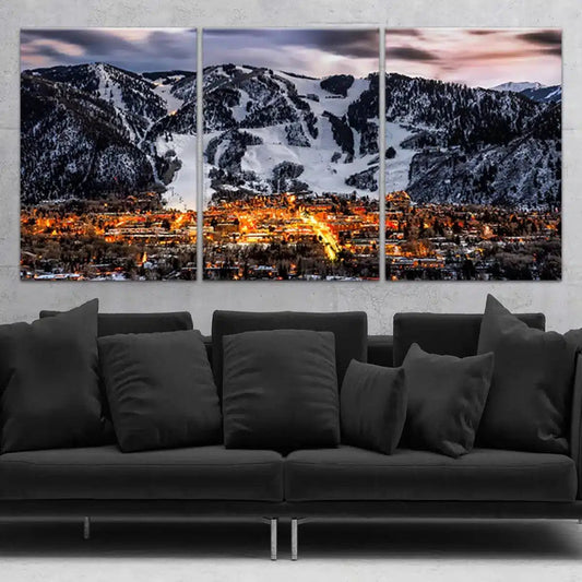 Aspen Colorado skyline — large canvas wall art with glowing winter lights, modern mountain décor for cozy and elegant living rooms.