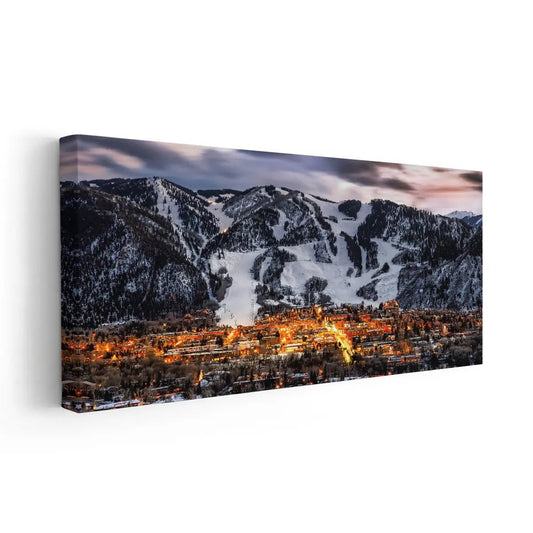 Snowy Aspen skyline — modern canvas wall art in cool blue and amber tones, peaceful and inspiring addition for bedroom or chalet.