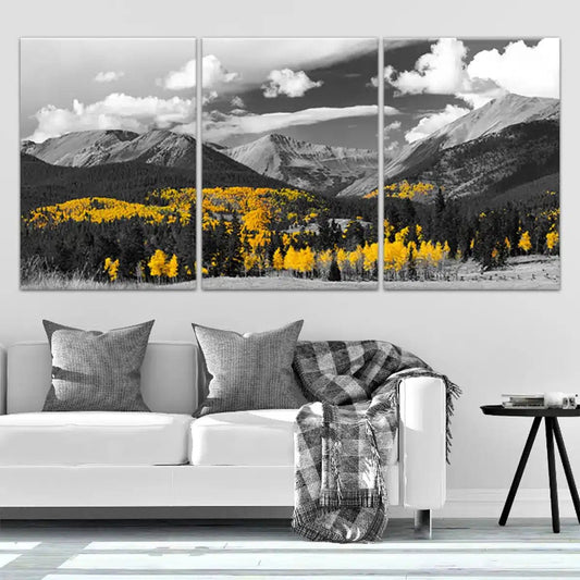 Black and white mountains with yellow aspens — large canvas wall art bringing a serene, uplifting touch to bedroom or office decor.