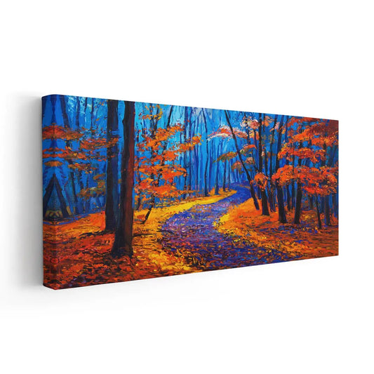 Autumn forest pathway canvas wall art for a cozy living room, adding vibrant orange and blue tones that create a warm uplifting atmosphere