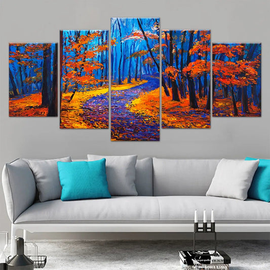Colorful fall woodland scene — contemporary canvas wall art in bold orange and deep blue palette ideal for transforming modern bedroom décor