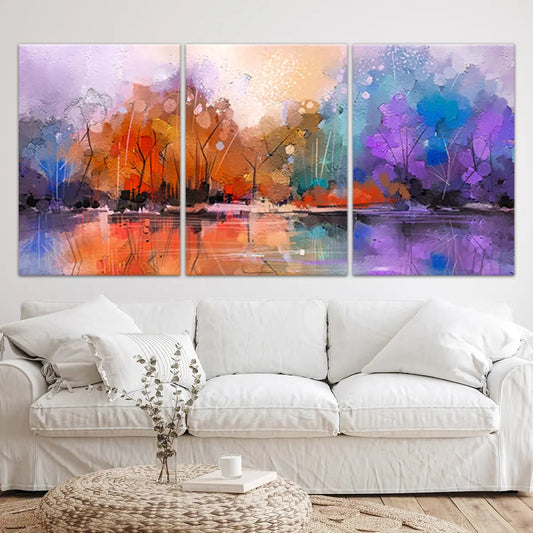 Vibrant autumn forest scene — modern canvas wall art, rich orange and purple tones ideal for cozy and artistic living room décor.