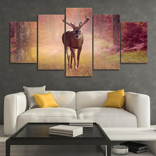 Majestic deer — modern canvas wall art in warm autumn tones, ideal for nature-themed bedroom décor or thoughtful housewarming gifts.