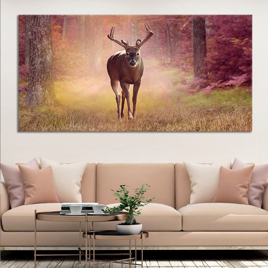 Autumn deer in forest — large canvas wall art with golden foliage, perfect for cozy living room décor and rustic fall-inspired interiors.