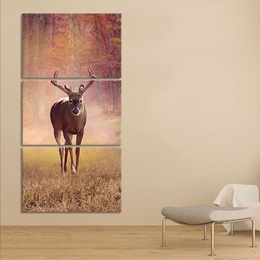 Deer in golden field — modern canvas wall art, uplifting woodland design ideal for farmhouse bedroom or cozy cabin interiors.