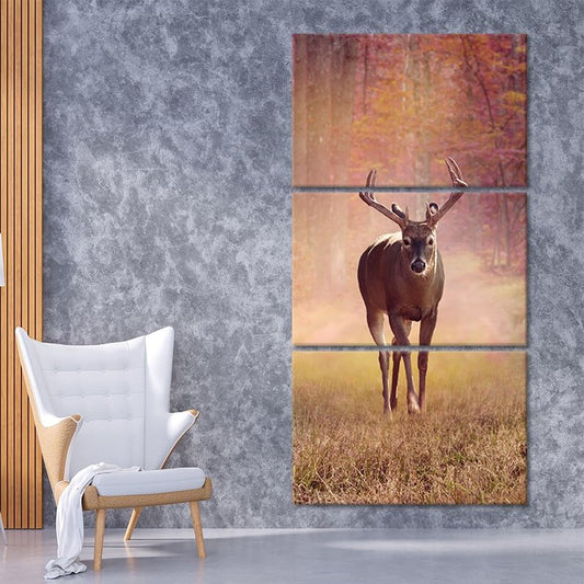 White tail deer standing in autumn forest — large canvas wall art for living room, peaceful nature tones for rustic home décor.