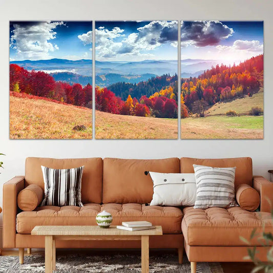 Colorful fall hillside and blue mountain horizon — modern canvas wall art with bright rustic palette ideal for creating uplifting bedroom ambiance