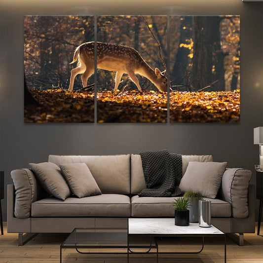 Baby whitetail deer in autumn forest — large canvas wall art for living room, warm rustic tones adding peace to your home décor.