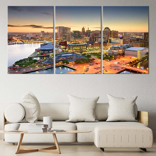 Baltimore skyline at dusk — modern canvas wall art for living room with warm golden reflections and inspiring waterfront charm.