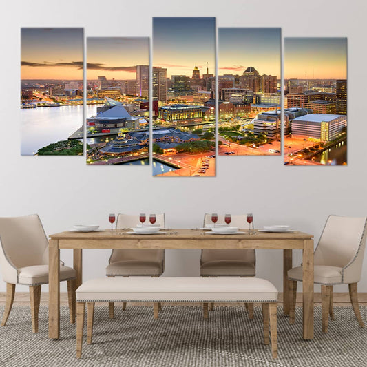 Baltimore Inner Harbor view — large canvas wall art for bedroom showcasing vibrant city lights and uplifting urban elegance.
