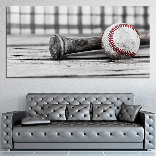 “Baseball and bat on ground canvas wall art for living room decor, adding an inspiring rustic sports focal point for lovers of classic baseball.”
