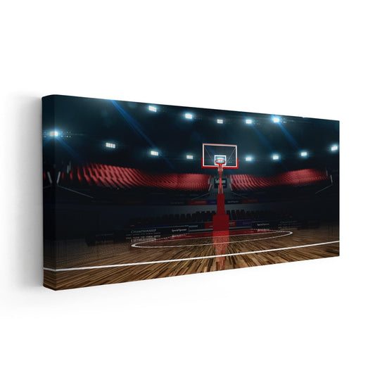 Wooden court floor in dramatic lighting — large canvas wall art, deep red tones creating an uplifting décor mood perfect for game-themed spaces.