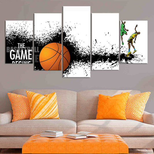 Basketball splash art with dynamic orange ball — large canvas wall art adding uplifting movement and contrast to stylish contemporary bedrooms