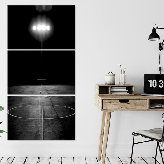 Minimalist basketball court spotlight — large canvas wall art in monochrome tones, elevating bedroom décor with calming modern style