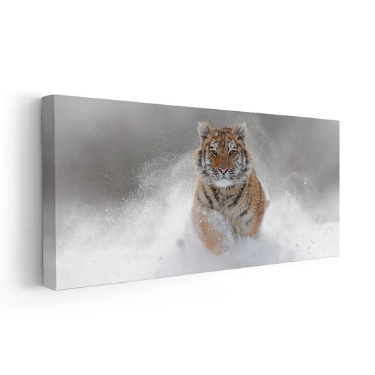 Winter tiger portrait in soft snowy tones — large canvas art perfect for bedroom décor, adding a peaceful inspiring presence to the room.
