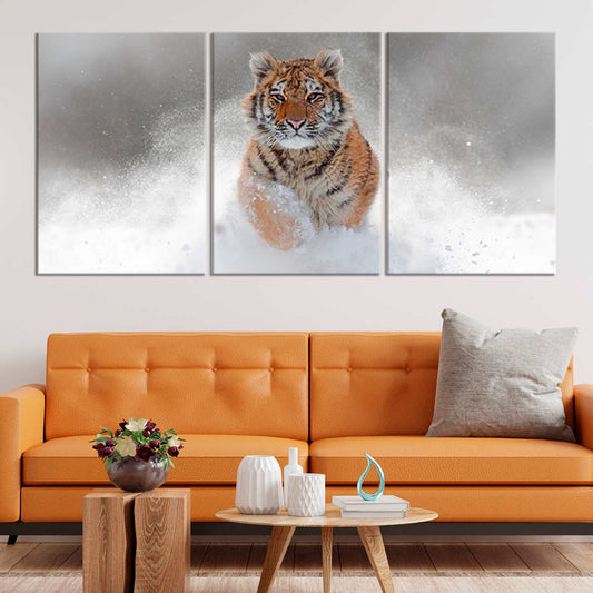 Snow tiger canvas wall art for living room décor, bringing a powerful yet calming winter mood that transforms modern spaces with bold wildlife energy.