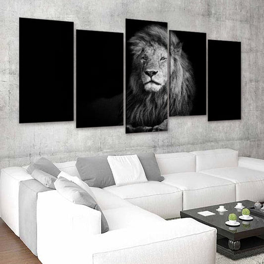 Majestic lion face in grayscale — large canvas wall art with bold contrast, ideal for office or masculine bedroom decor.