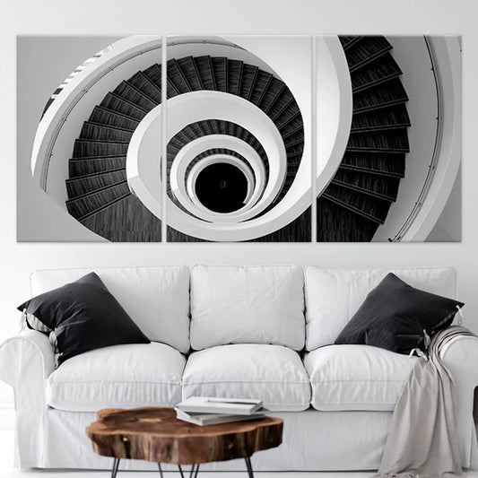 Spiral staircase in black and white — modern canvas wall art, minimalist tone adds sophistication to elegant living room décor.