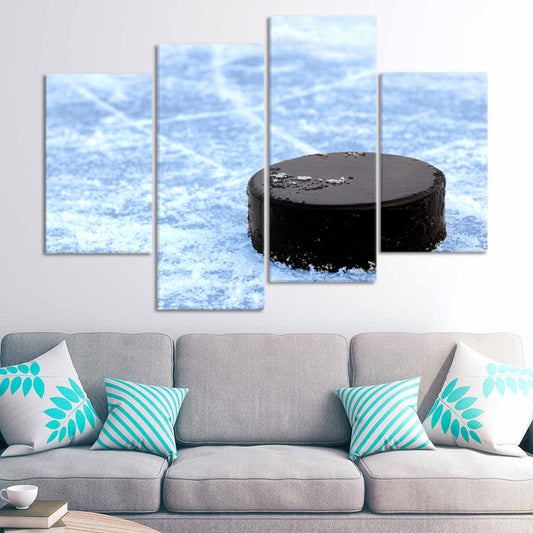 Minimalist hockey puck scene — modern canvas wall art in icy blue palette, creating a calming sports vibe ideal for stylish bedroom spaces